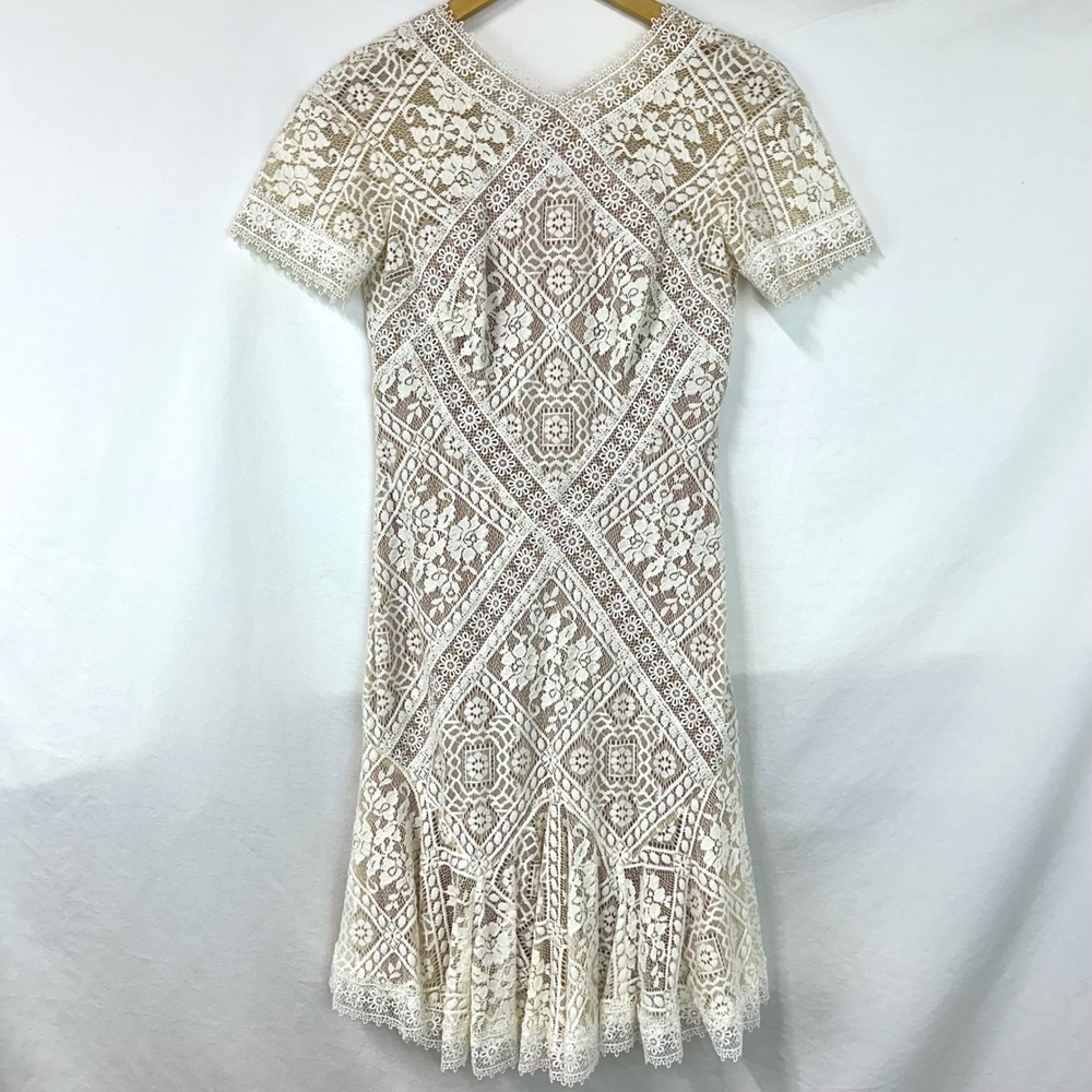 TADASHI SHOJI Cream Floral Lace Nude Short Sleeve Cocktail Party Dress Women's 2